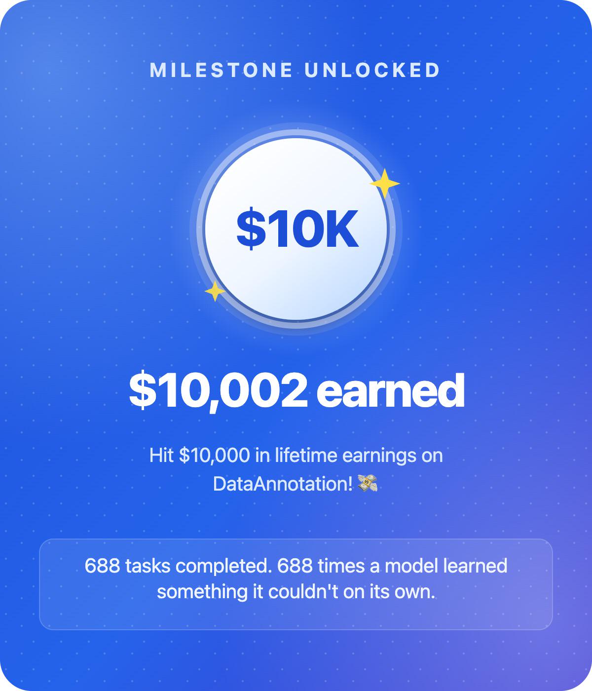 Community-submitted DataAnnotation earnings milestone example